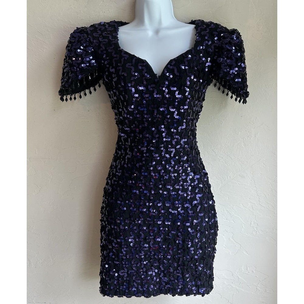 Vintage 80s Faviana Sequin Mini Dress 7 8 Beaded Glam Purple Black Party